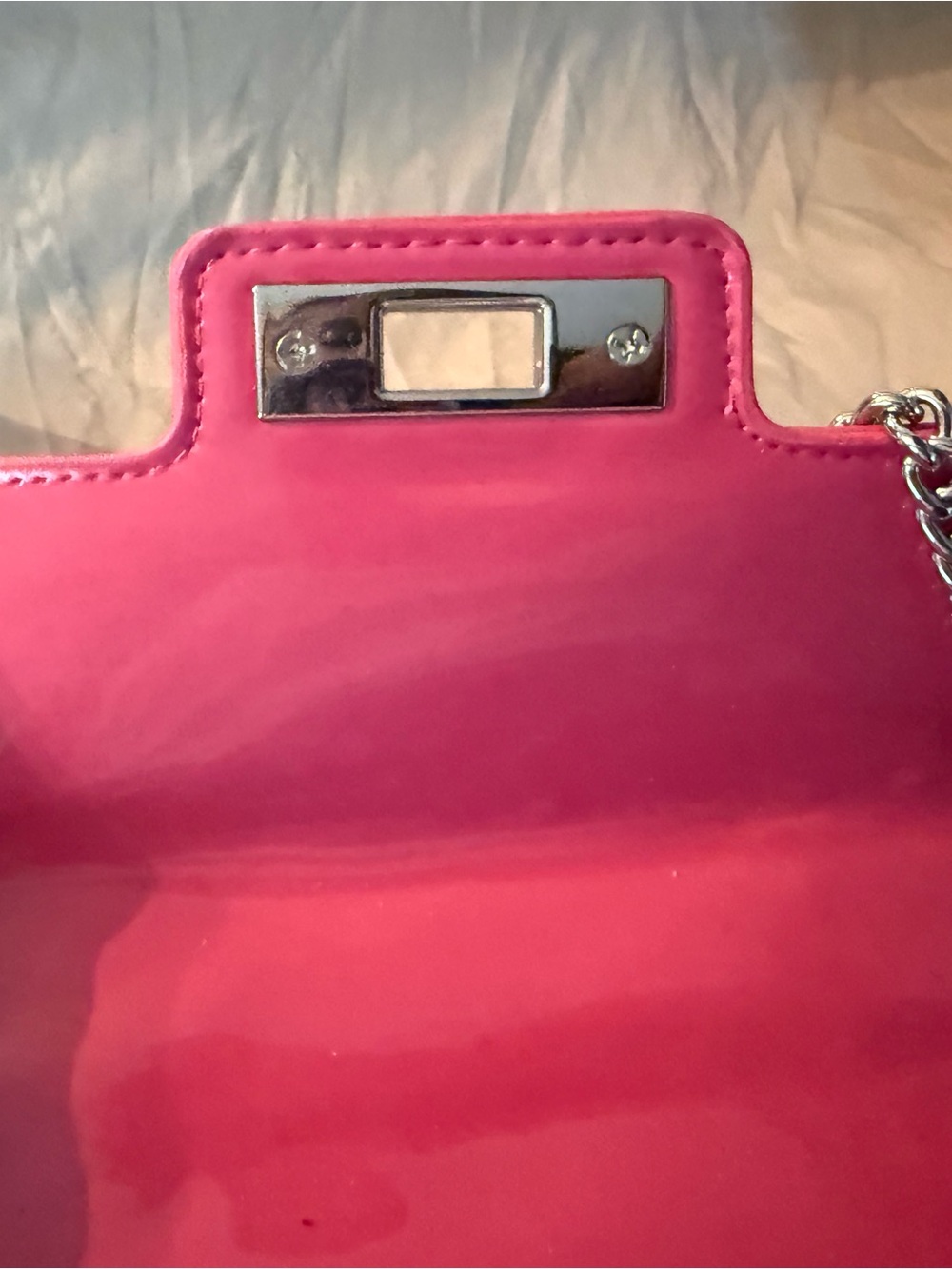 Steve Madden Hot Pink Jeweled Patent Crossbody with Silver Chain - Picture 4 of 5